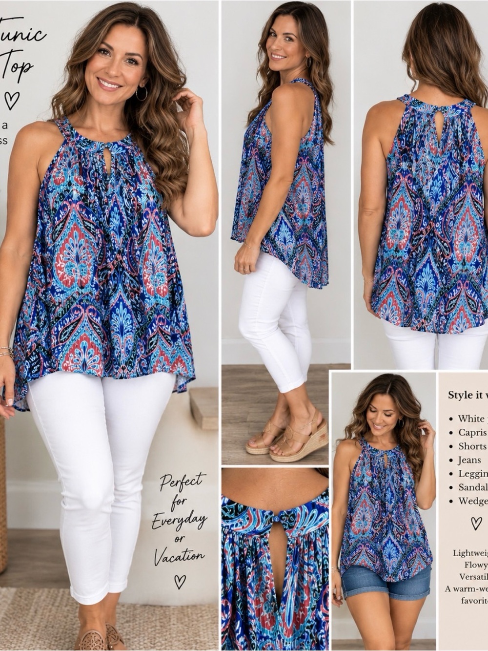Chenault Medium Blue Multicolor Paisley Halter Tunic Top High Low Hem